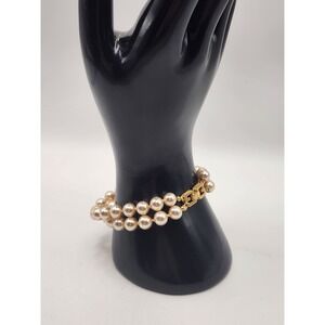 Givenchy Vintage Double Strand Faux Pearl Bracelet Gold G Logo Clasp Cream 7.25